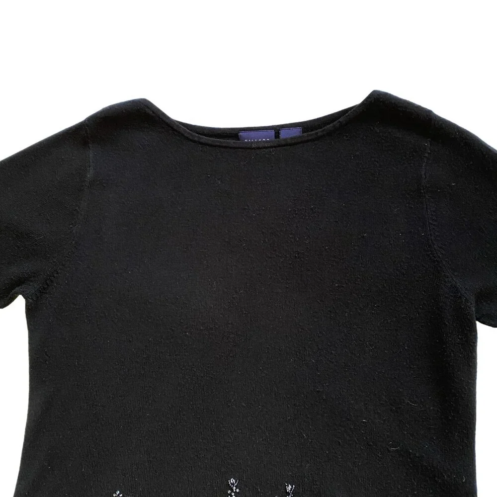 HILLARD &‎ HANSON Black Beaded Hem Knit Sweater 3/4 Sleeve 90s Y2K Vintage L